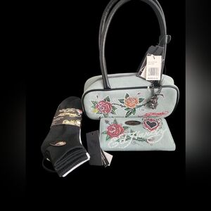 Ed Hardy Denim Shoulder Bag and Wallet set,  from their Y2K-Collection With Sock